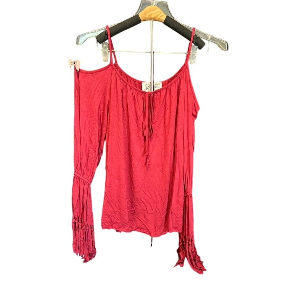 VaVa By Joy‎ Han Red Cold Shoulder Long Sleeve Top with Fringed Cuffs